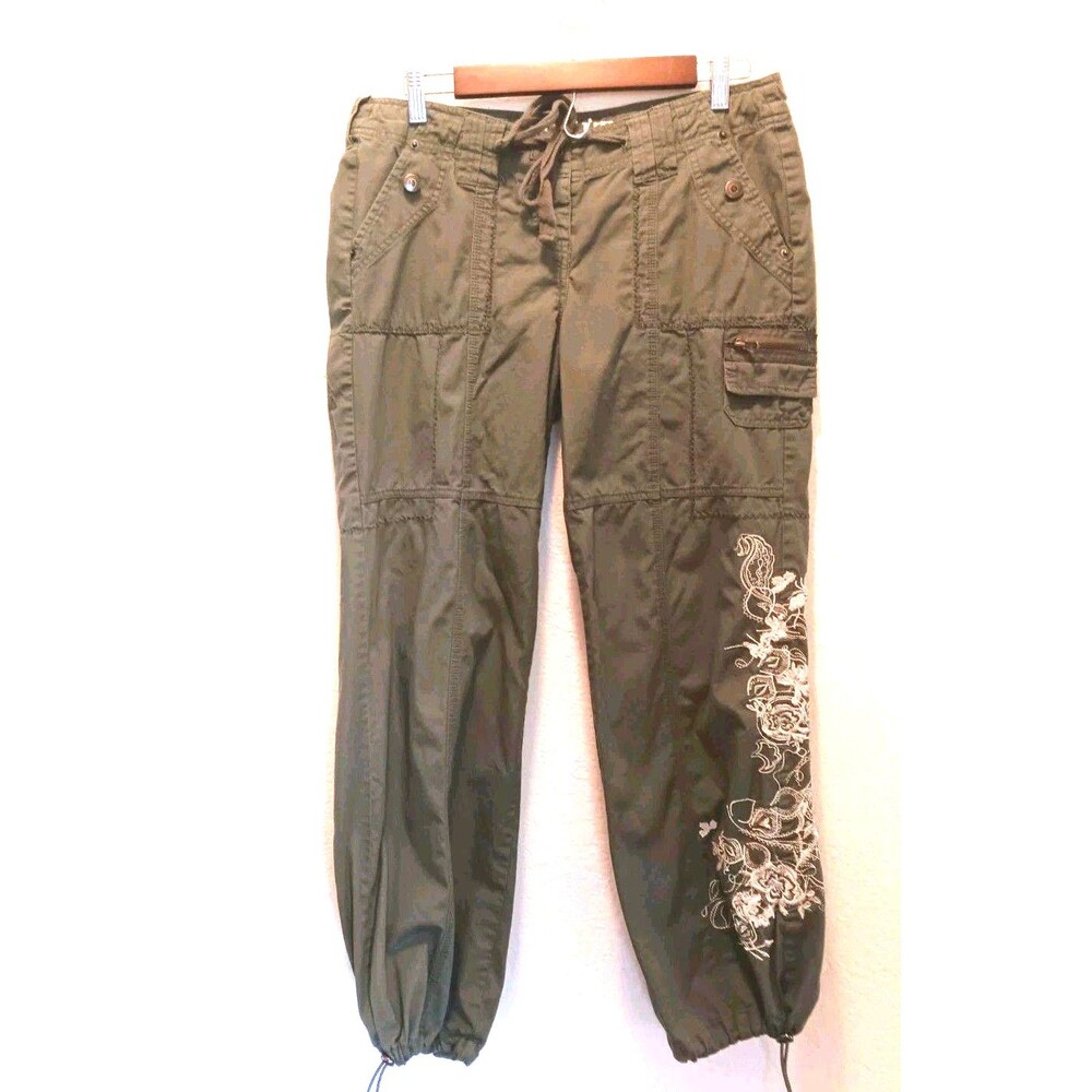 Mixit Womens Cargo Pants Olive Green Embroidered Drawstring 10 Petite Y2K